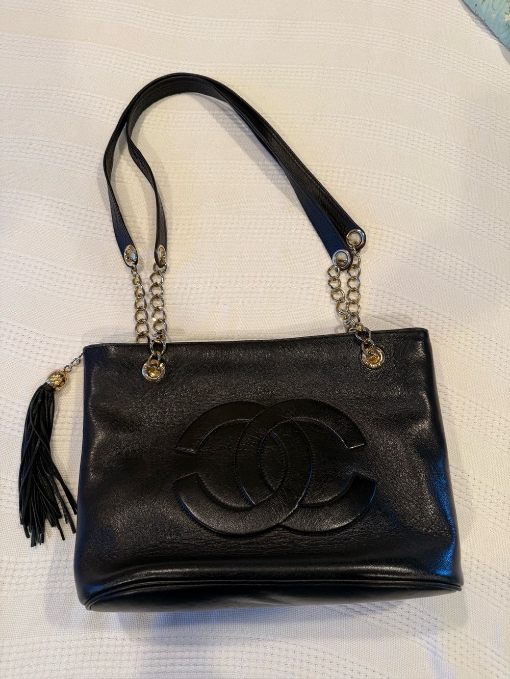 Rare Vintage CHANEL Black Leather Shoulder Bag with Tassel and Double CC